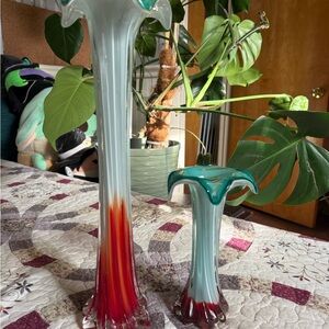 Vintage Art Glass Aqua and Red Tall Trumpet Vases - Handblown Home Accent